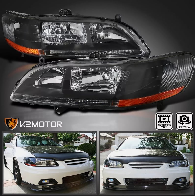 Fits 1998-2002 Honda Accord 2/4Dr Black Headlights Headlamps Left+Right 98-02