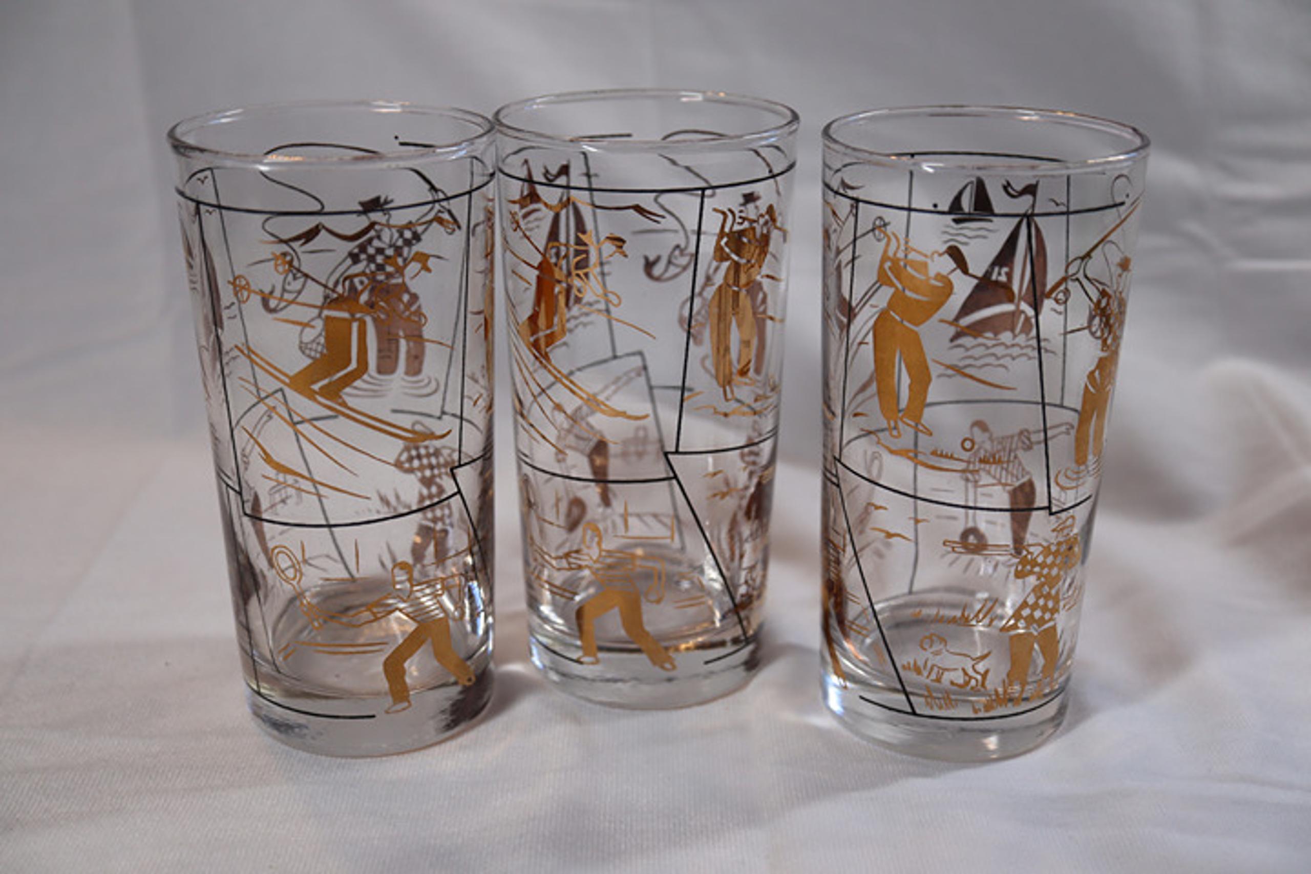 Vintage 3pc Libby Sportsman Hostess Glass 12oz Tumblers Hunt, Ski, Fish, Golf