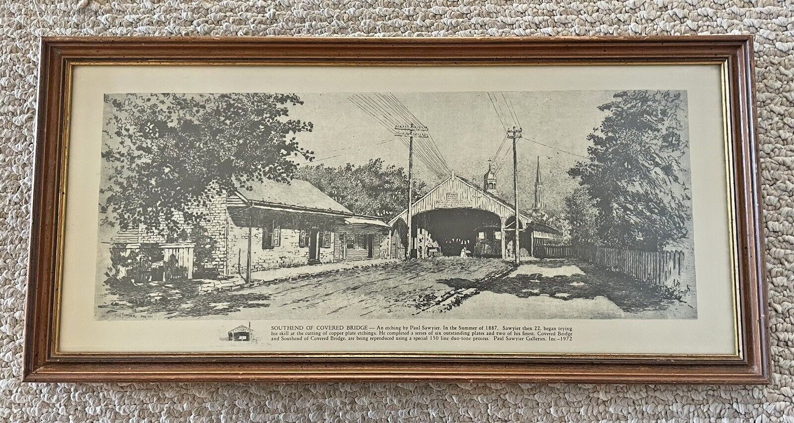 1972 Paul Sawyier Southend of Covered Bridge Etching Print Reproduction 20X9.5
