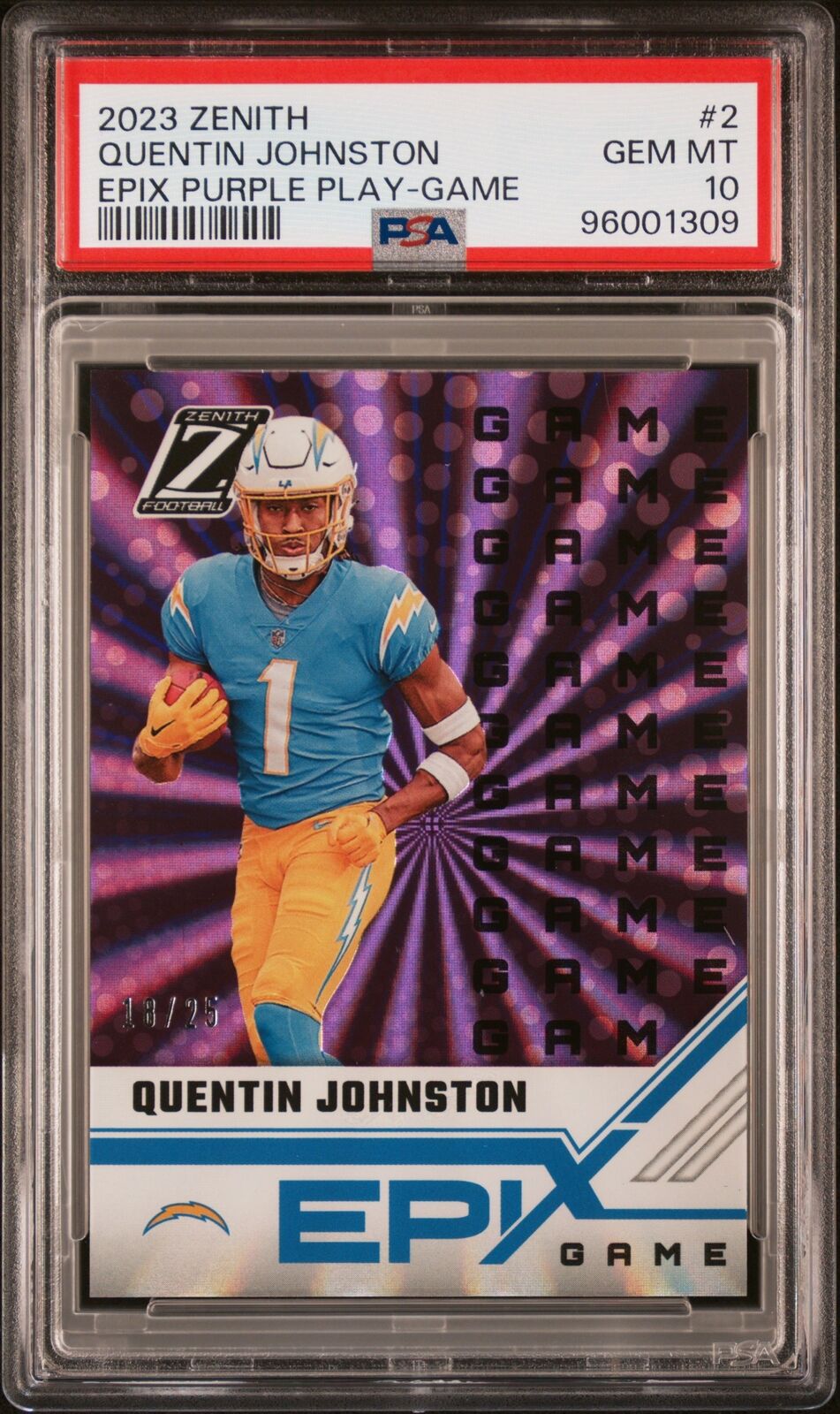 2023 Panini Zenith Quentin Johnston RC #2 Epix Play Purple /25 PSA 10 GEM MINT