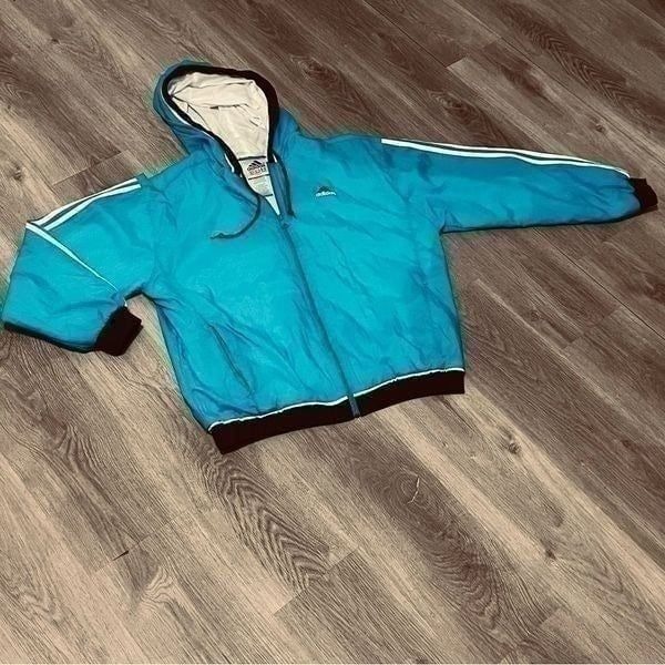 Adidas 90's Vintage Drop Shoulder Jacket Aqua Teal Black Mountain Logo stripe XL