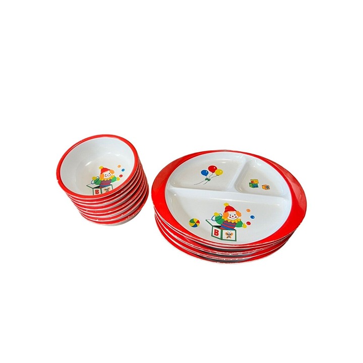 Vintage Kids Child's Dishes Set Melamine 7 Plates 8 Bowls Jack in the Box Toys