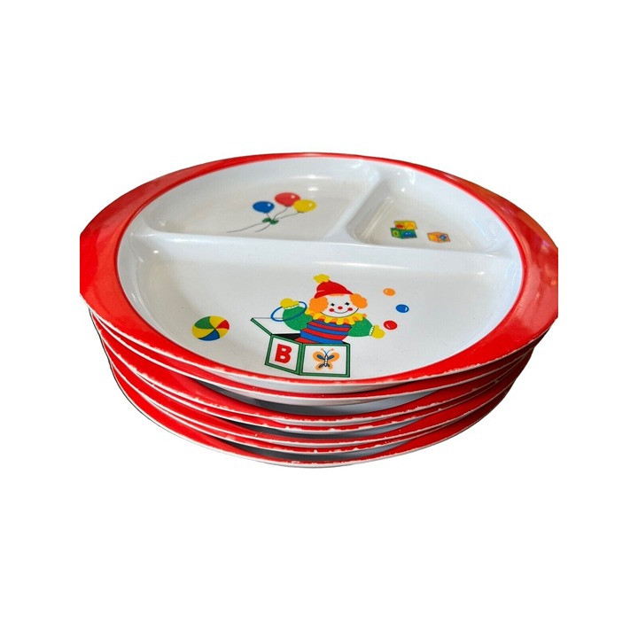 Vintage Kids Child's Dishes Set Melamine 7 Plates 8 Bowls Jack in the Box Toys - detail