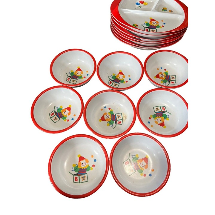 Vintage Kids Child's Dishes Set Melamine 7 Plates 8 Bowls Jack in the Box Toys - detail