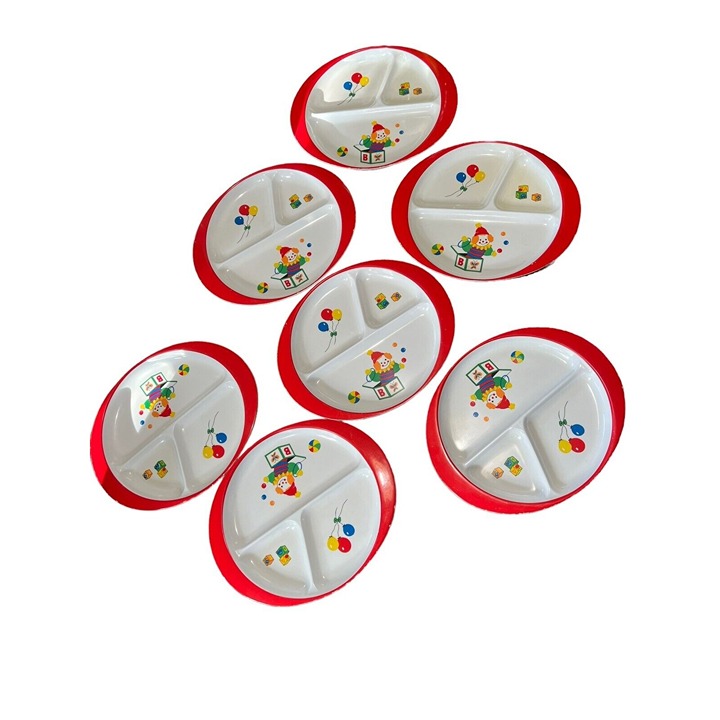 Vintage Kids Child's Dishes Set Melamine 7 Plates 8 Bowls Jack in the Box Toys - detail