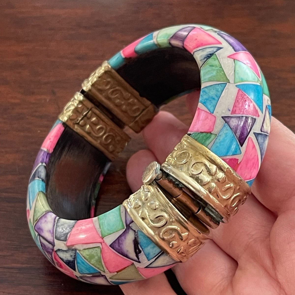 Hand painted horn & brass hinged bangle bracelet