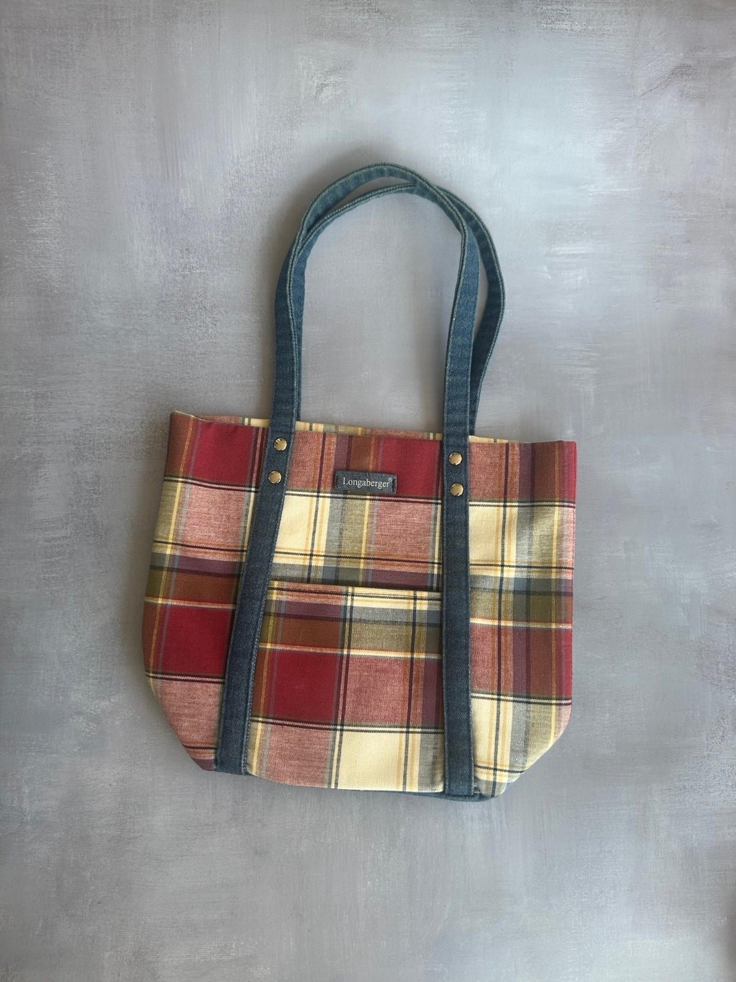 Longaberger Small Tote Red Blue Plaid Denim bottom handbag