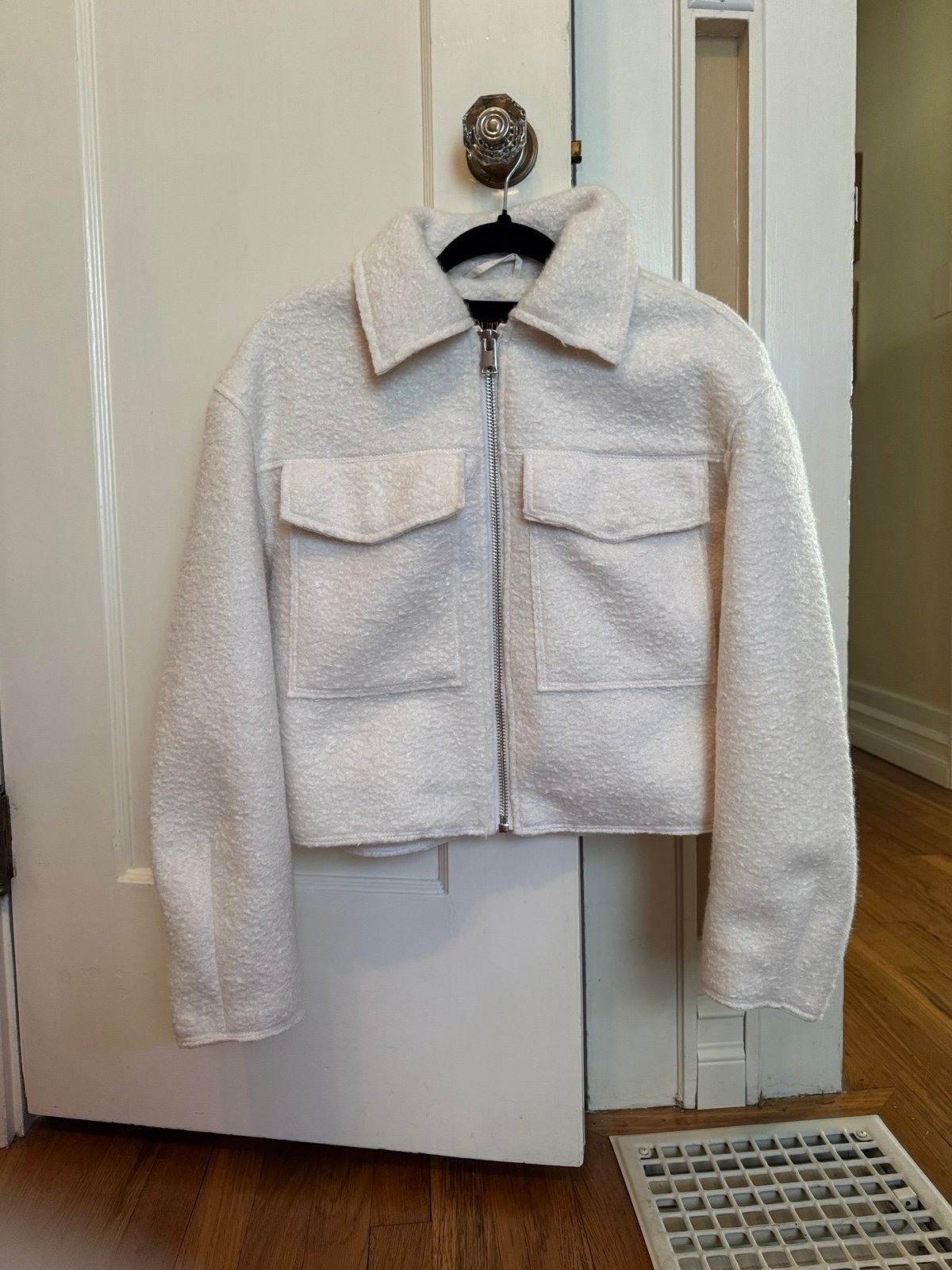 Collared Lined Zip Up Cropped Boucle Jacket With Front Patch Pockets ivory s