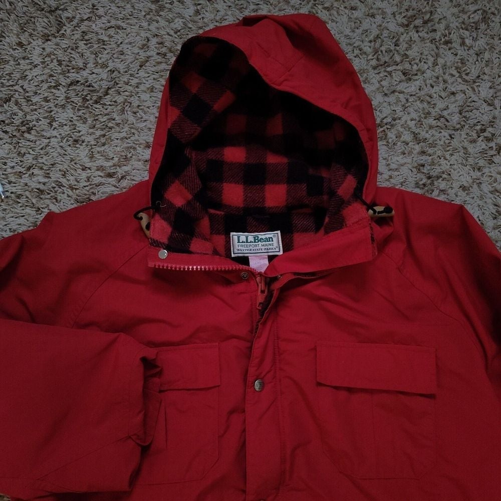 VTG LL Bean Red Winter Jacket Men Sz L Wool Nylon Flannel Lining Made In USA