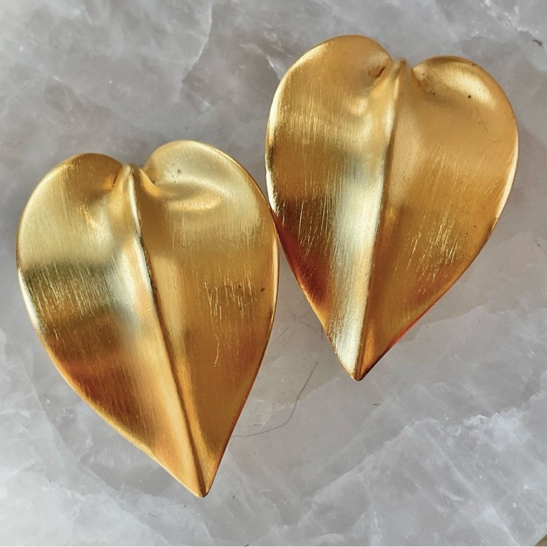 Vintage Gold Tone Satin Leaf Clip On Earrings 80s