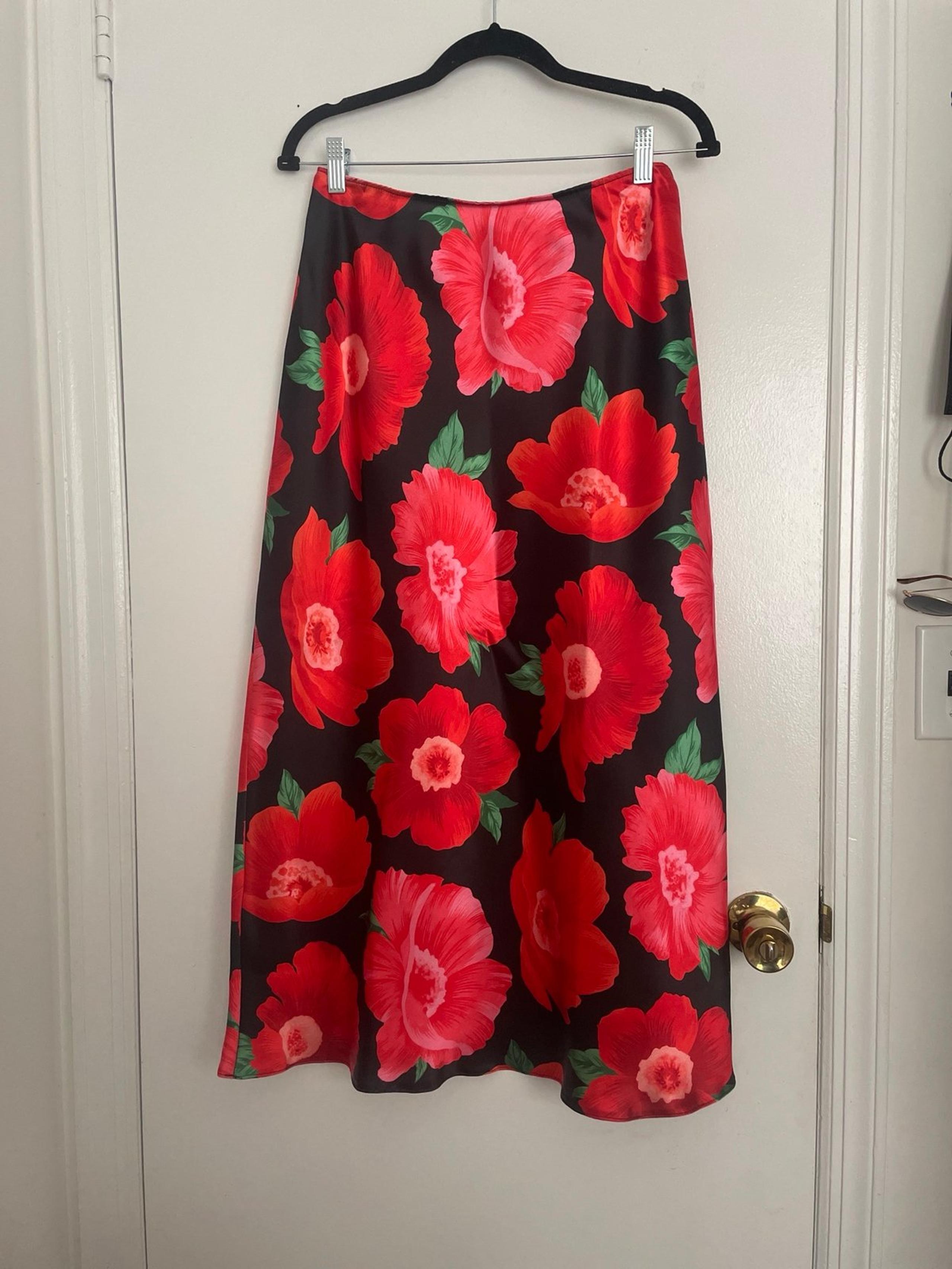 Satin Midi Skirt - Poppy Floral Print: Size 8