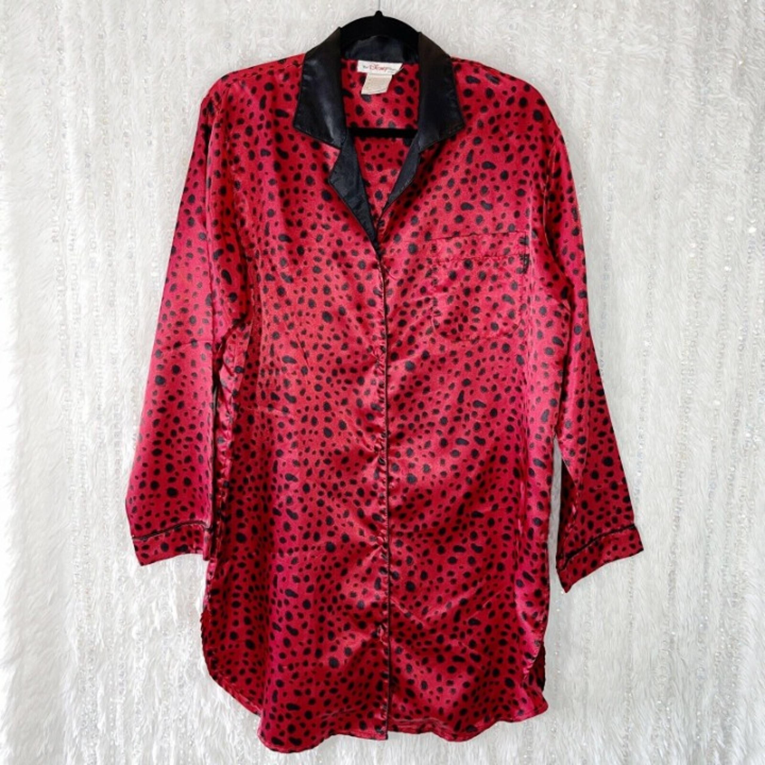 DISNEY Button Up Nightgown Size MEDIUM Red Black Animal Print Satin Sleep Shirt