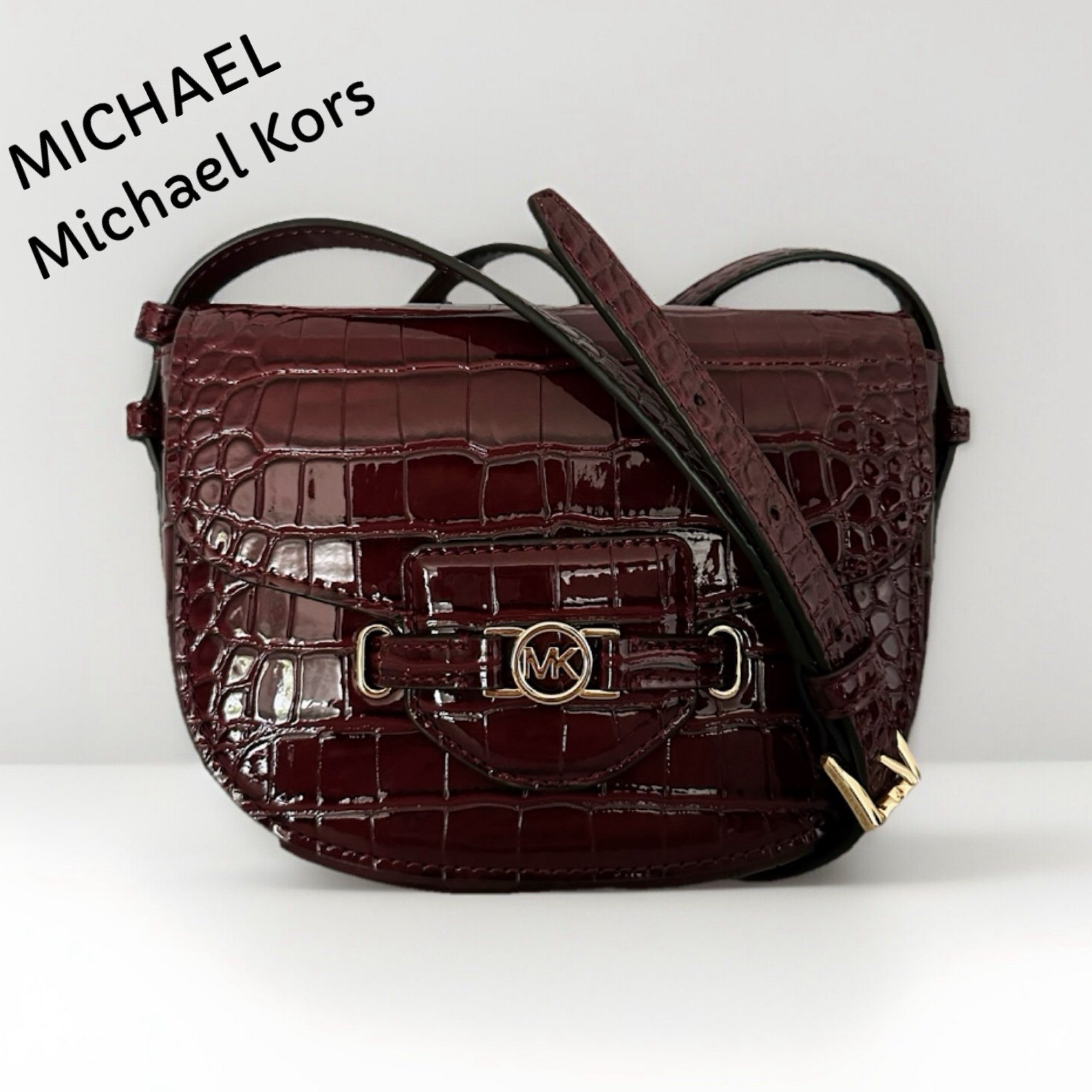 MICHAEL MICHAEL KORS Reed Small Croc-Embossed Leather Saddle Crossbody Oxblood