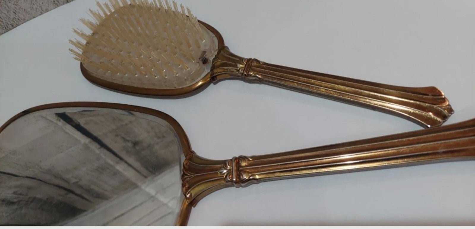 Vintage (1960's) Vanity Set Brush & Mirror Gold Tone Leaves Design