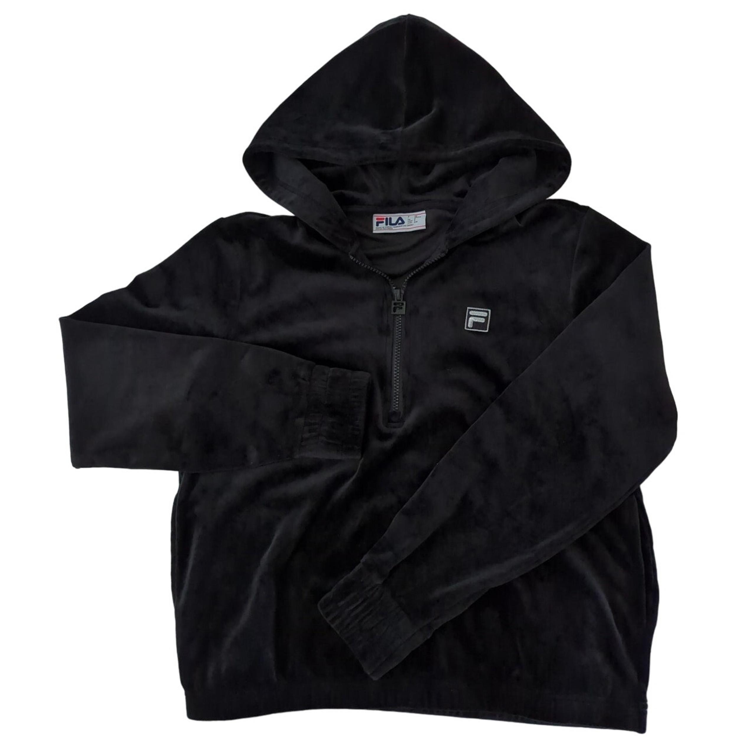 FILA Black Velour Quarter Zip Hoodie Gathered Wrist & Waist Women's size S
