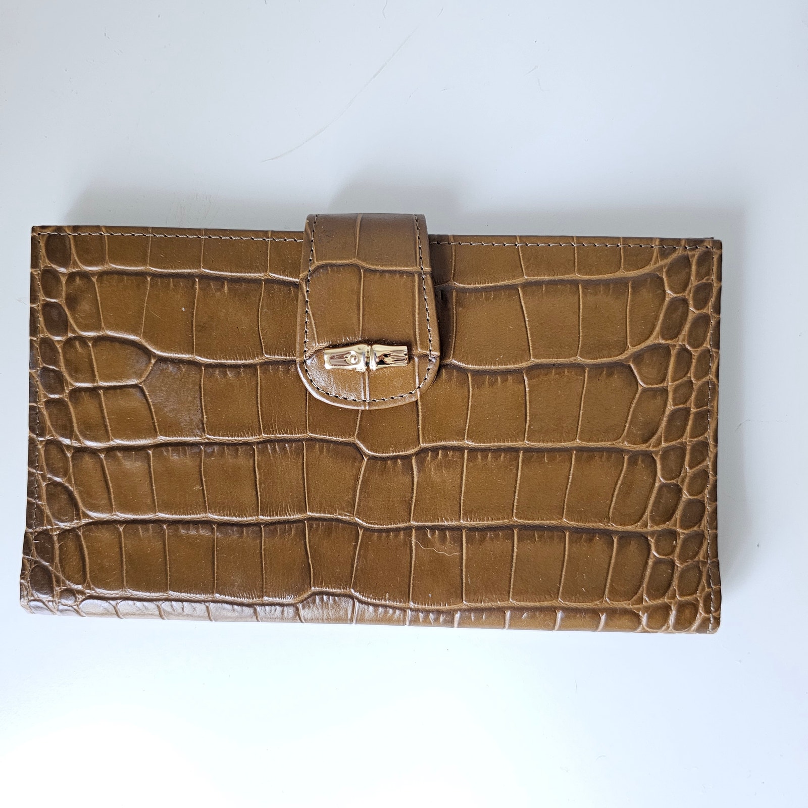 LONGCHAMP Walnut Brown Croc Embossed Leather Wallet 100% Auth France