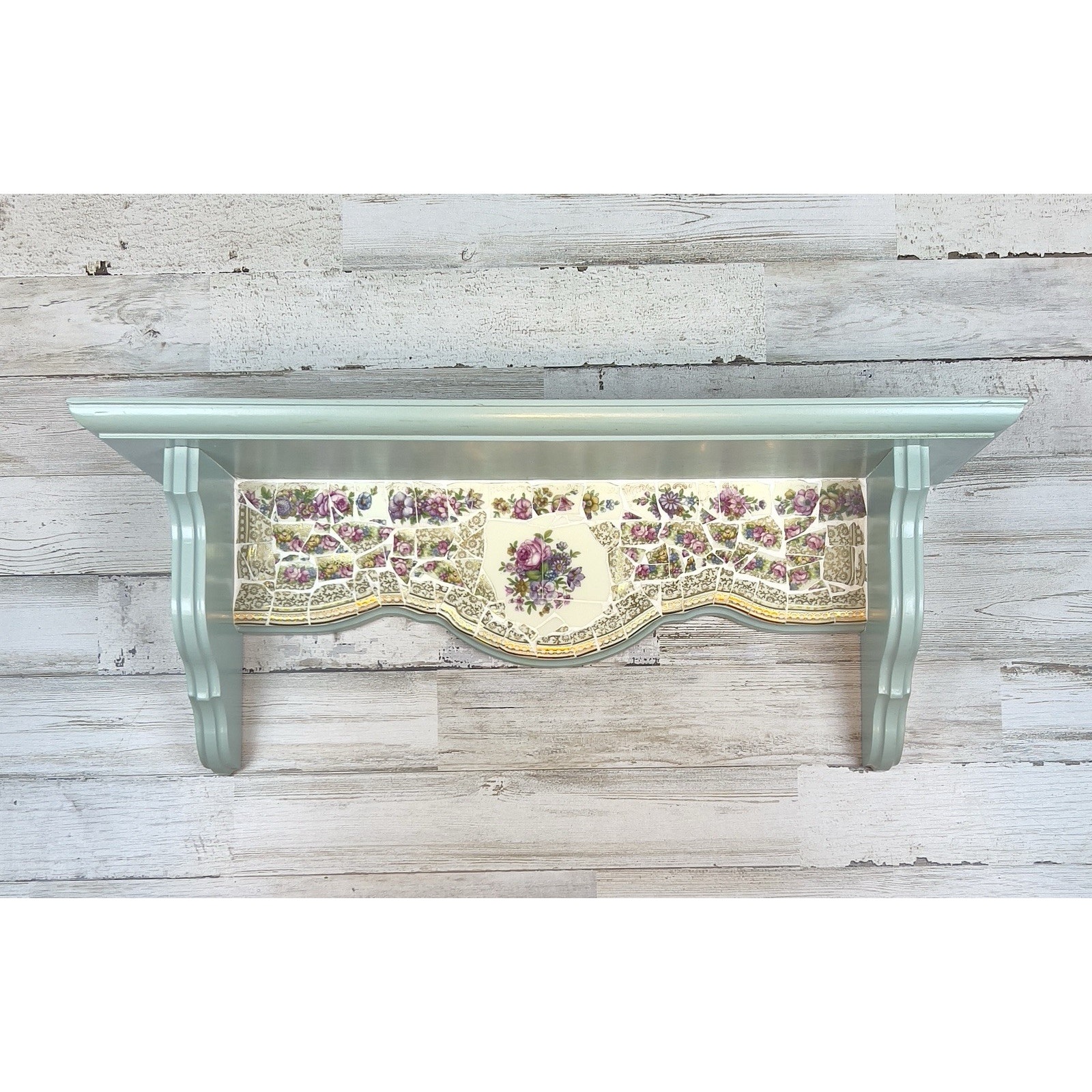 Handcrafted Green Wood Shelf Mosaic Tiles Cottage Shabby Chic Romantic Art