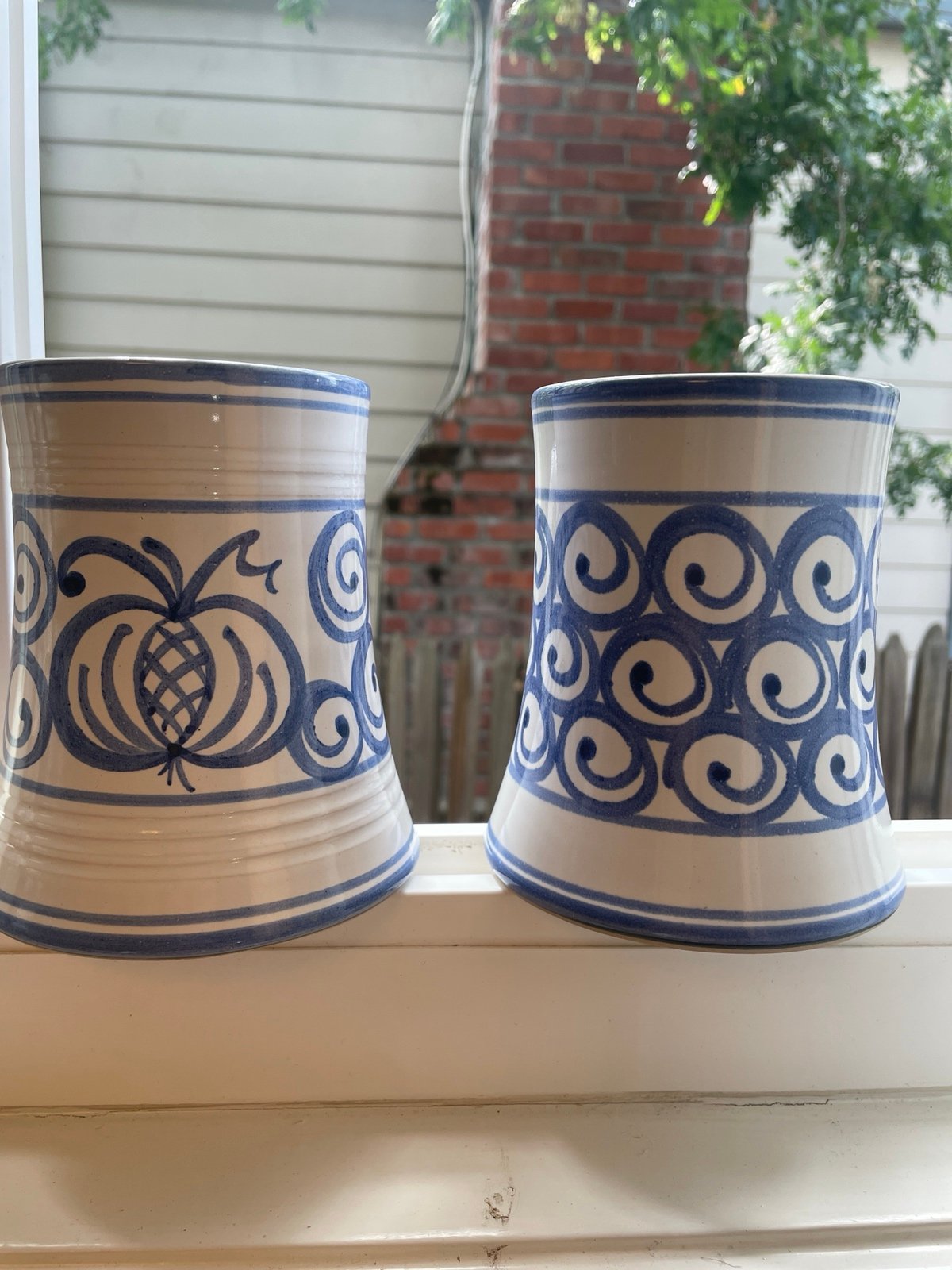 2 Vintage ceramic shabby blue faience mugs