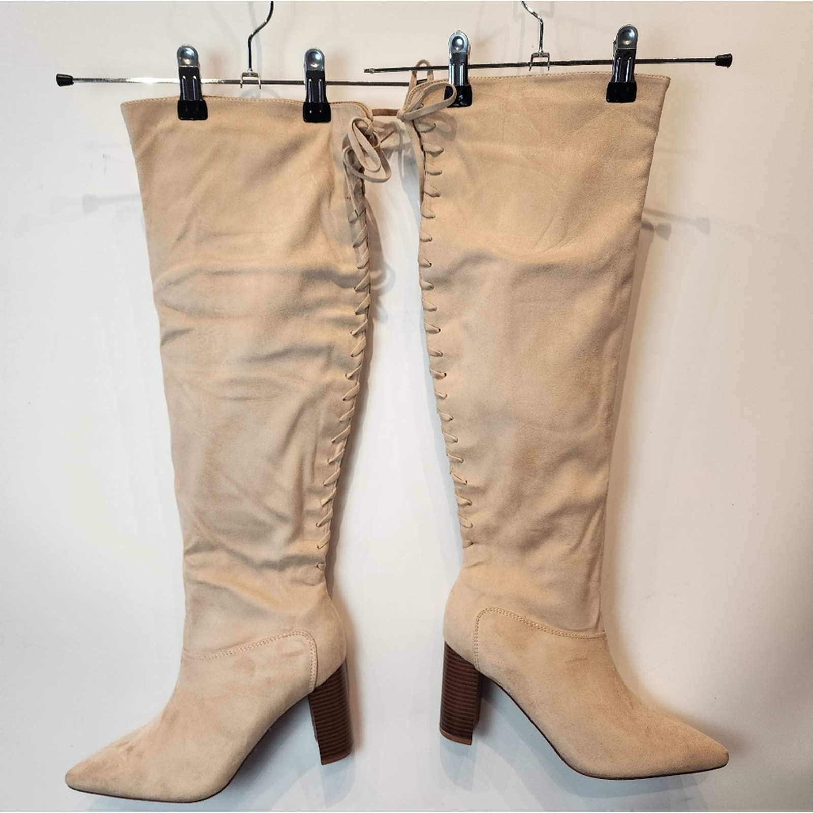 New Beige Pointed Toe Faux Suede Over the Knee High Boots Chunky Size 8.5