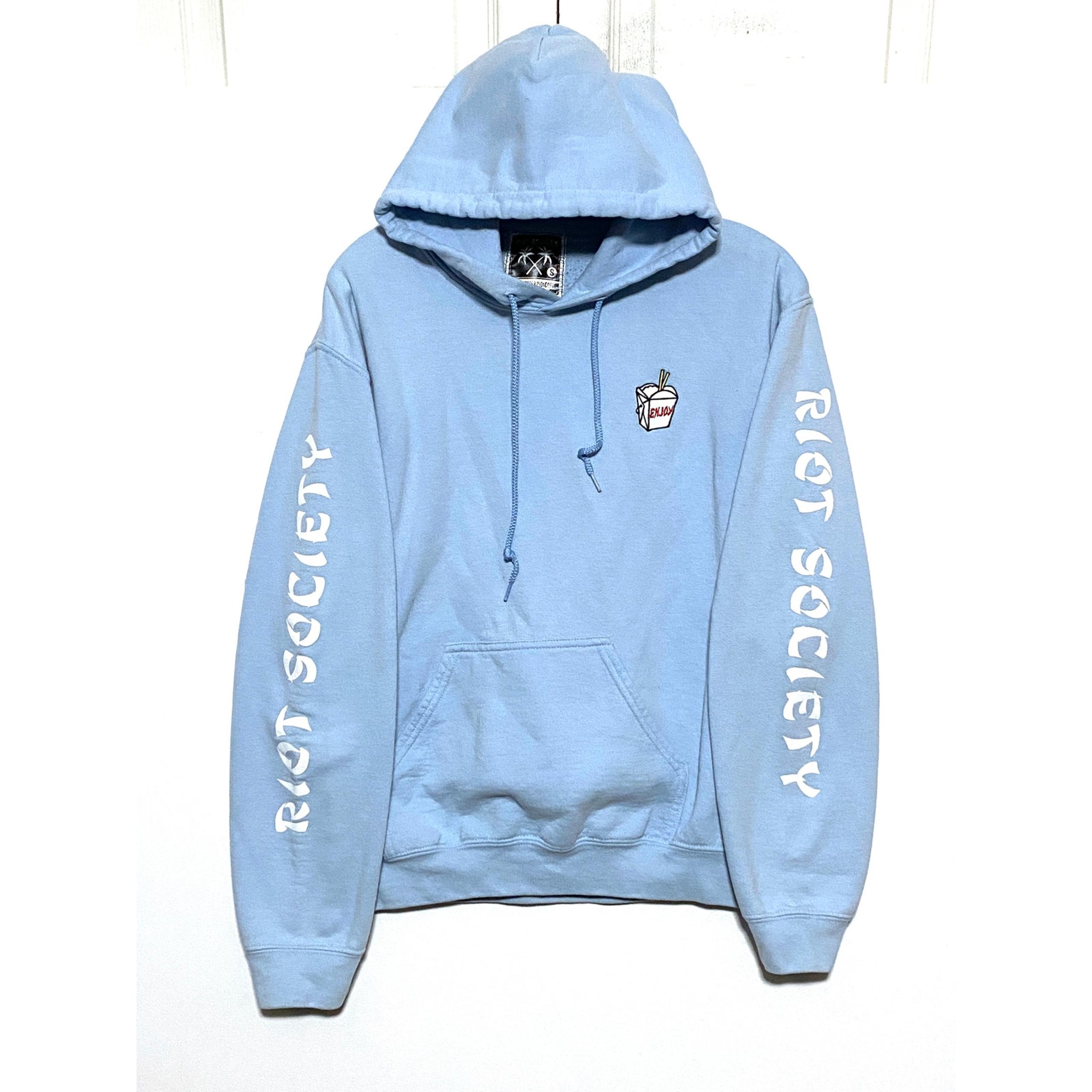 Riot Society Enjoy Chinese Take Out Box Blue Hoodie Sweatshirt Spell Out Mens S