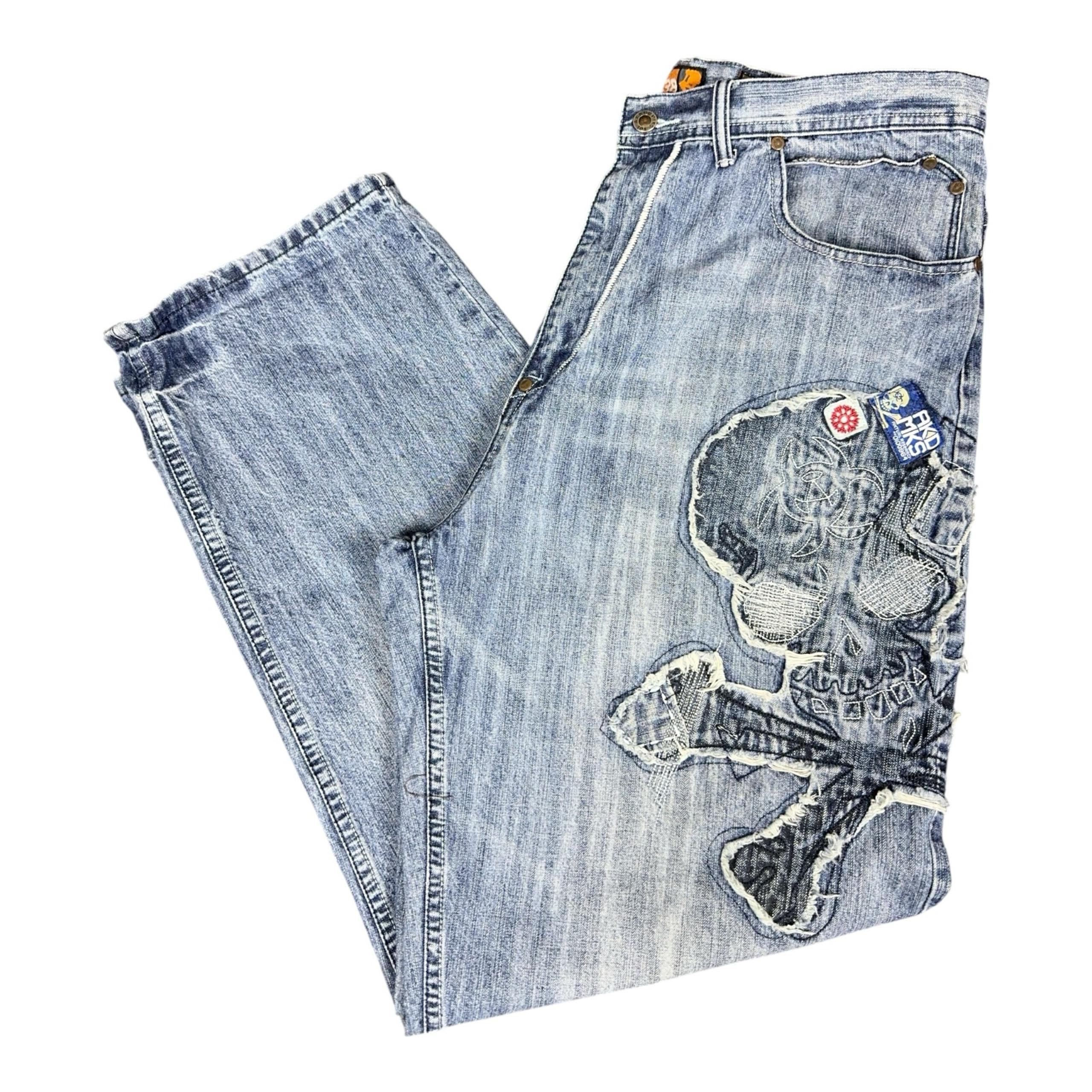 Akademiks Baggy Wide Leg Jeans Men's 38x32 Embroidered Skull Skater Grunge Y2K