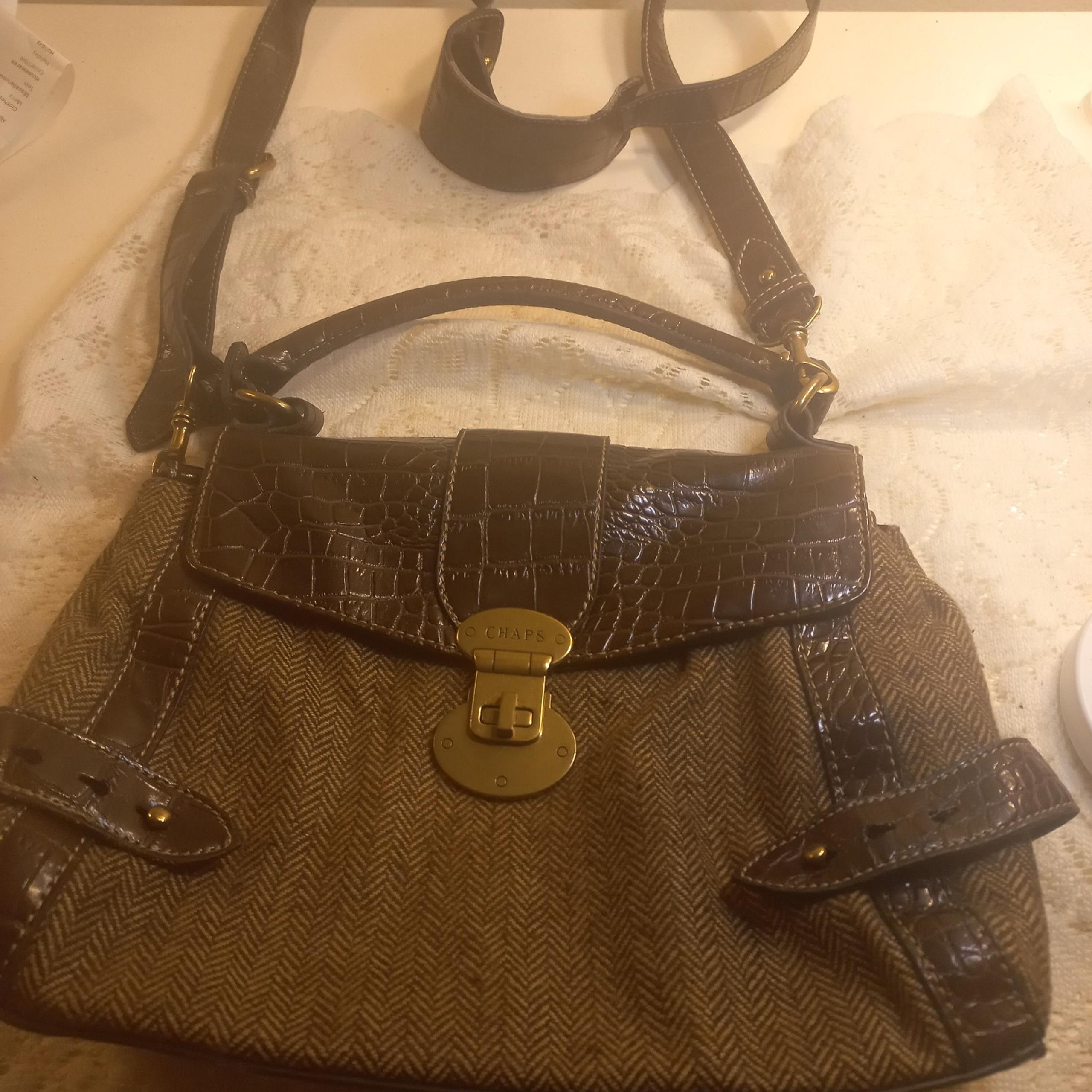 CHAPS Brown Faux Leather Alligator Print Herringbone Fabric  Gold Hardware Purse