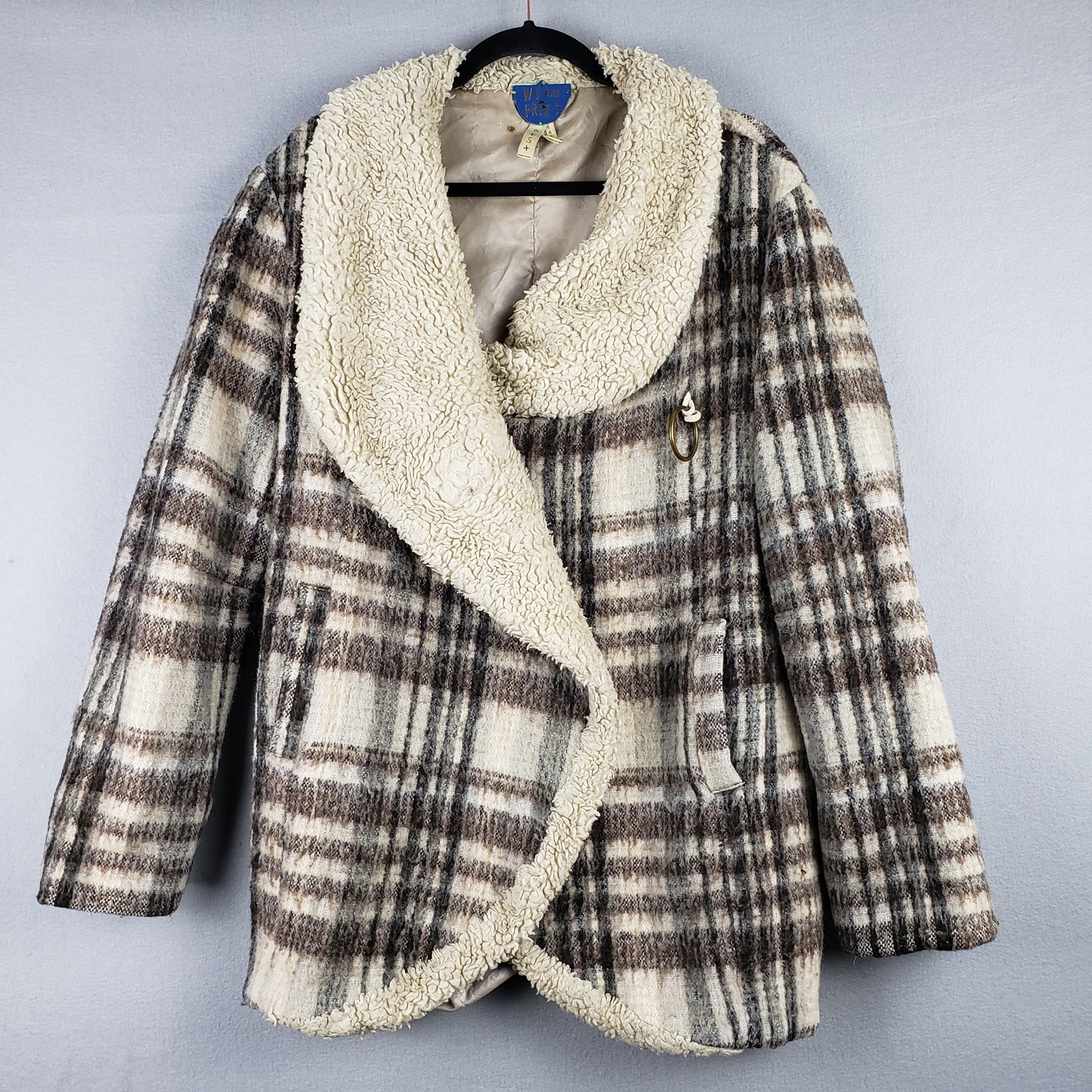 Free People Size S Wool Sherpa Tartan Plaid Pea Coat Beige Black Academia Winter