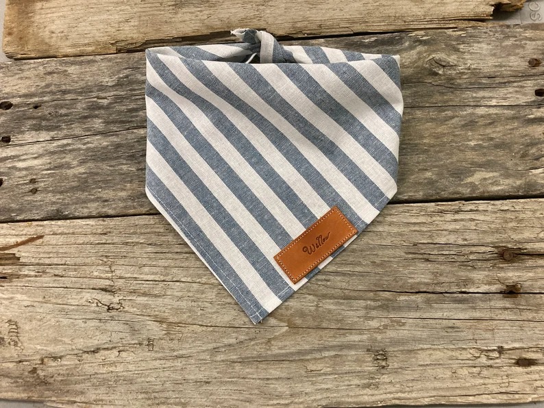 Personalized Dog Bandana, Rustic Blue Stripes, Over The Collar Tie On, For Dog C