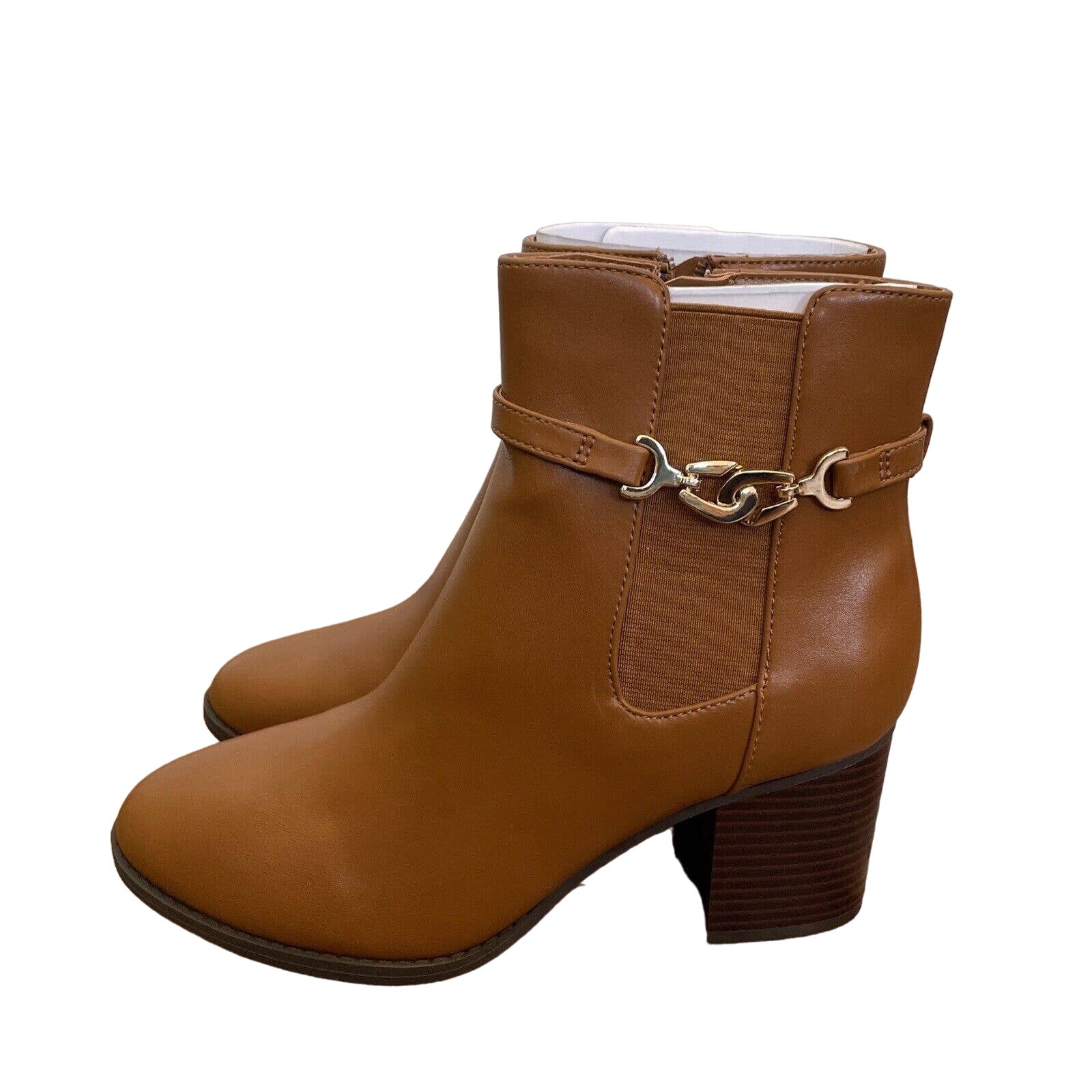 Bandolino Dattie 3 Tan Heeled Ankle Boots Gold Hardware Size 7.5