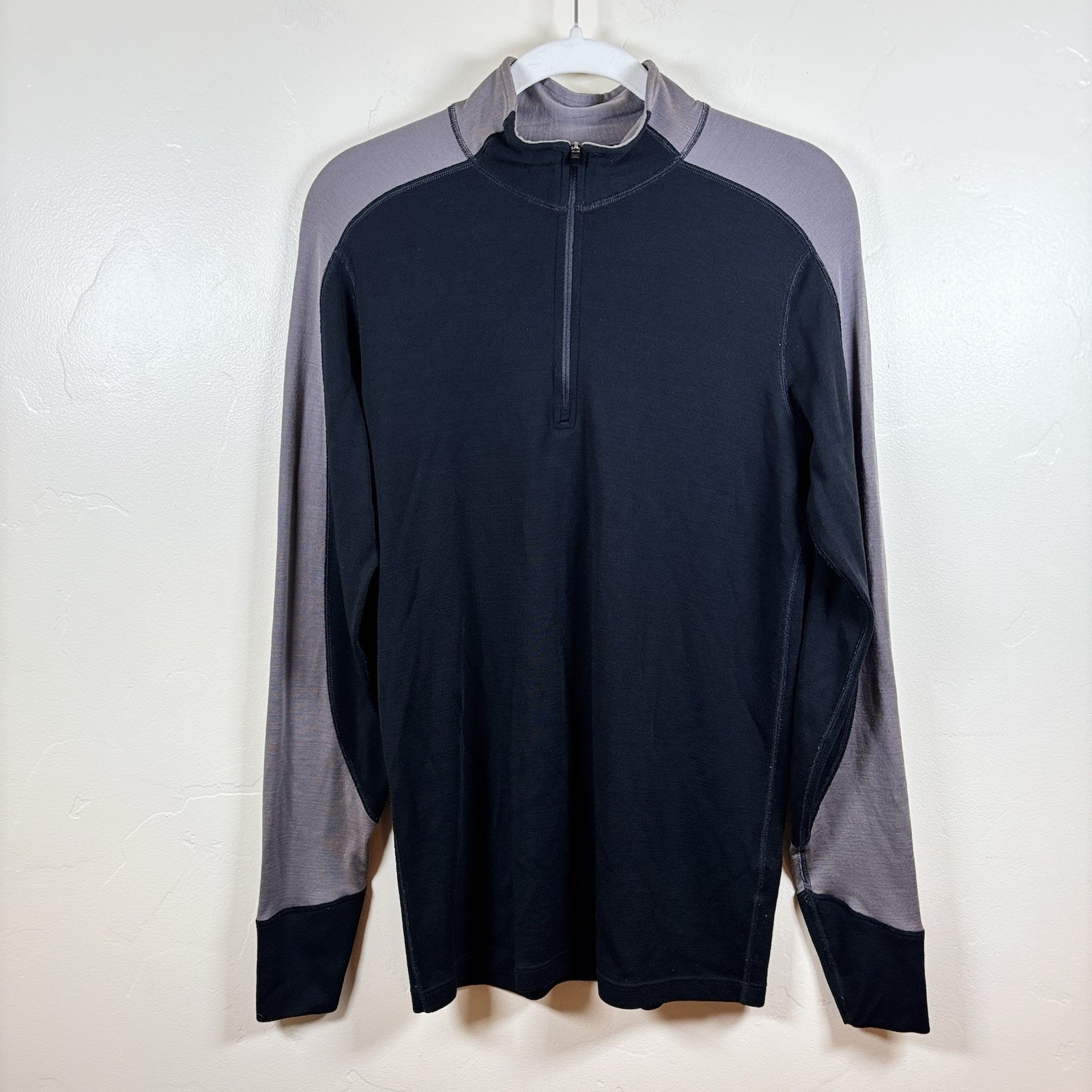 Ibex Baselayer Shirt Mens M Black Gray 100% Merino Wool 1/4 Zip Hiking Outdoors