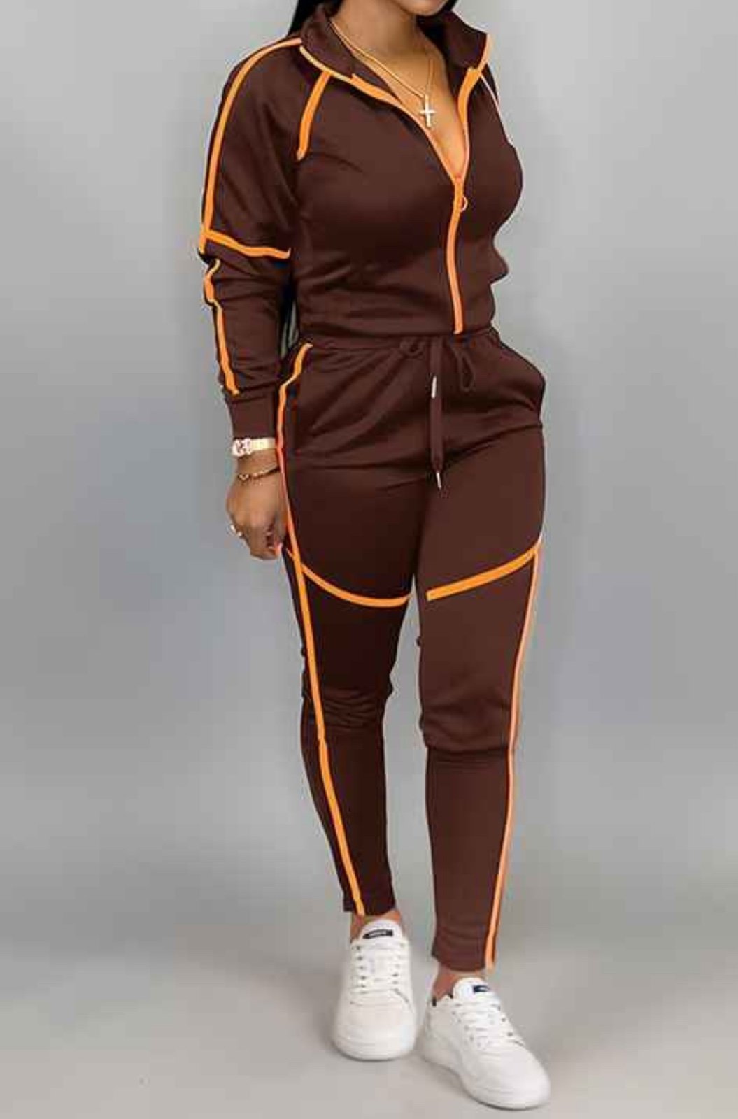 Contrast Binding Zip Up Stand Up Collar jacket w/ sweatpants