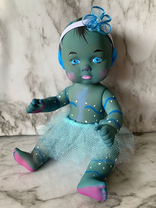 OOAK Blue Alien 8 Inch Caring For Baby Doll, Hand Dyed and Painted, Topaz