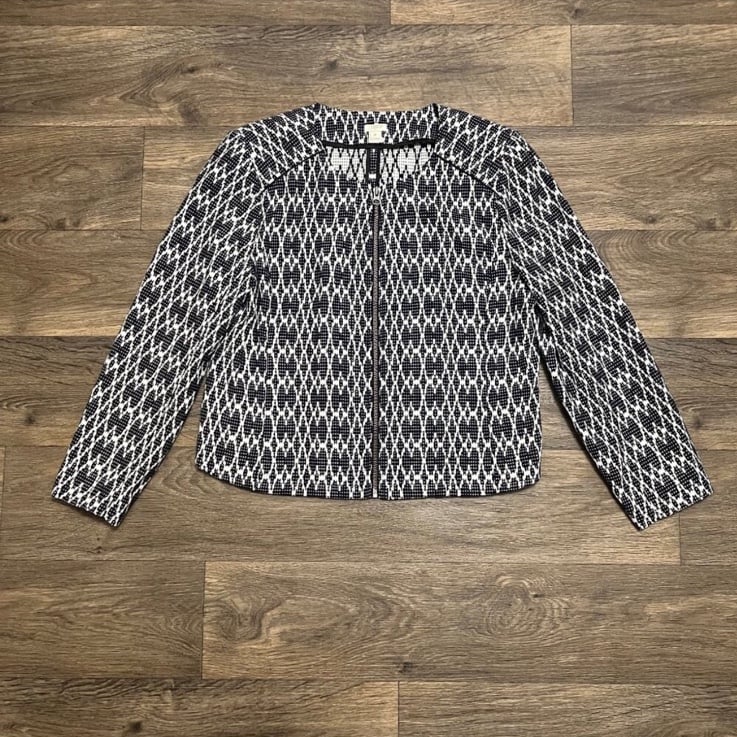 J. Crew Jacquard Motorcycle Jacket Zip Front Navy Blue White Size XL