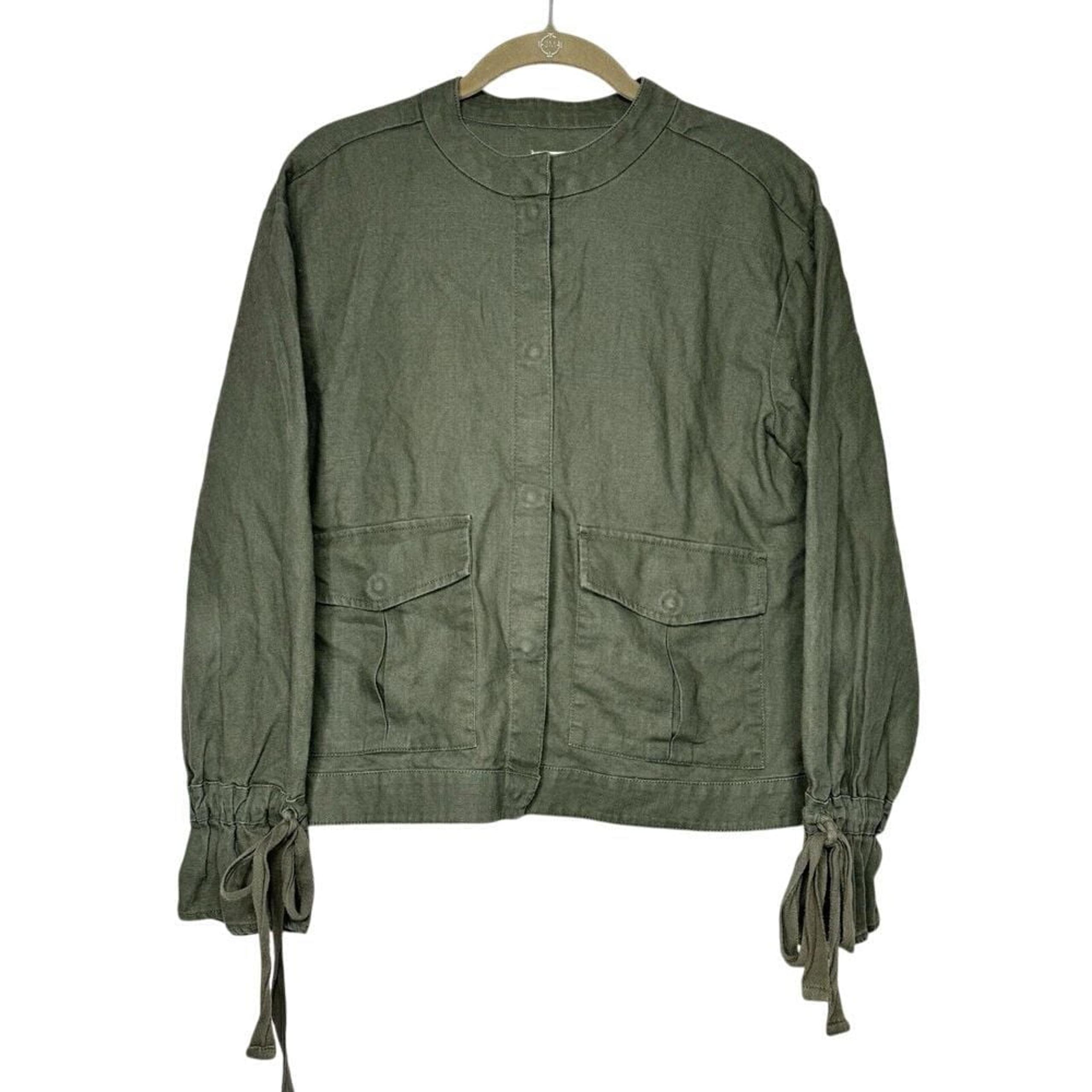 Caslon Utility Jacket sz S Olive Green Linen Tie Sleeve Pockets Lightweight Snap
