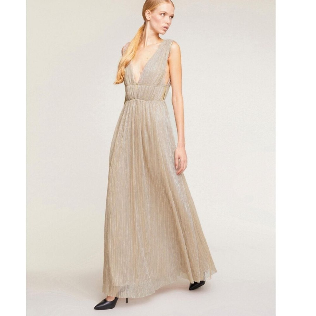 Molly Bracken Golden Shimmery Plunge V Neck Semi Sheer Maxi Dress Gown XS / S