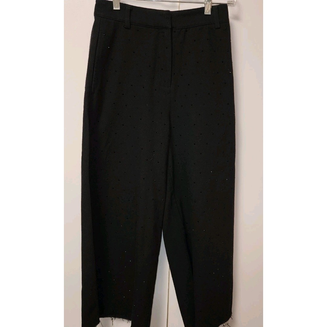 House Of Harlow Black Rhinestone Wide Leg Pant Sz 2 Studded High Waistd Ruff Hem