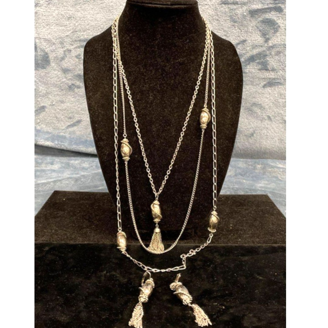1960s Celebrity N.Y. 3 Strand Opera Length Beaded Necklace & Tassel Clip Earring