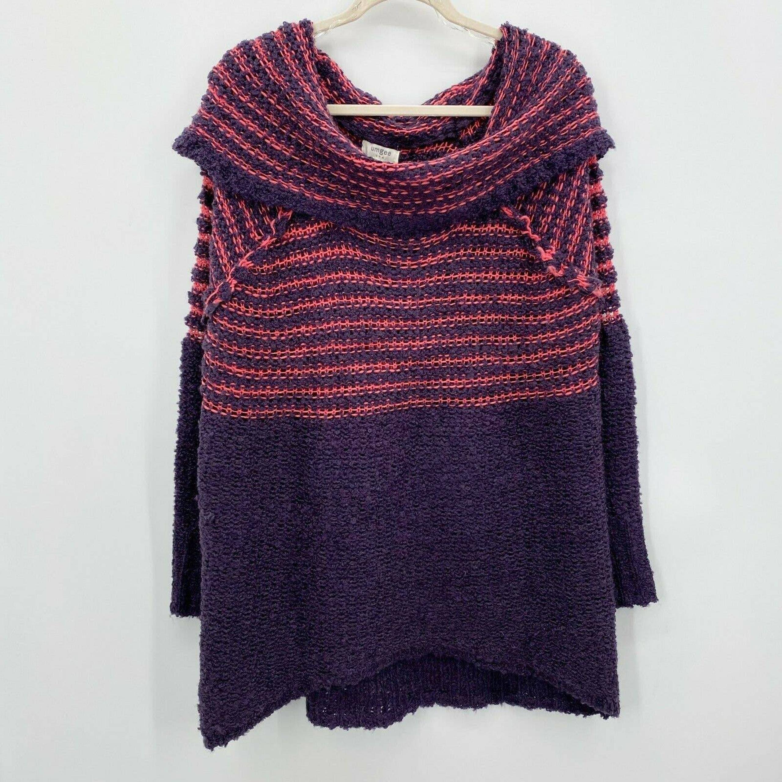 Umgee Womens L Cowl Draped Neck Chunky Knit Sweater Slouchy Blue Coral Striped