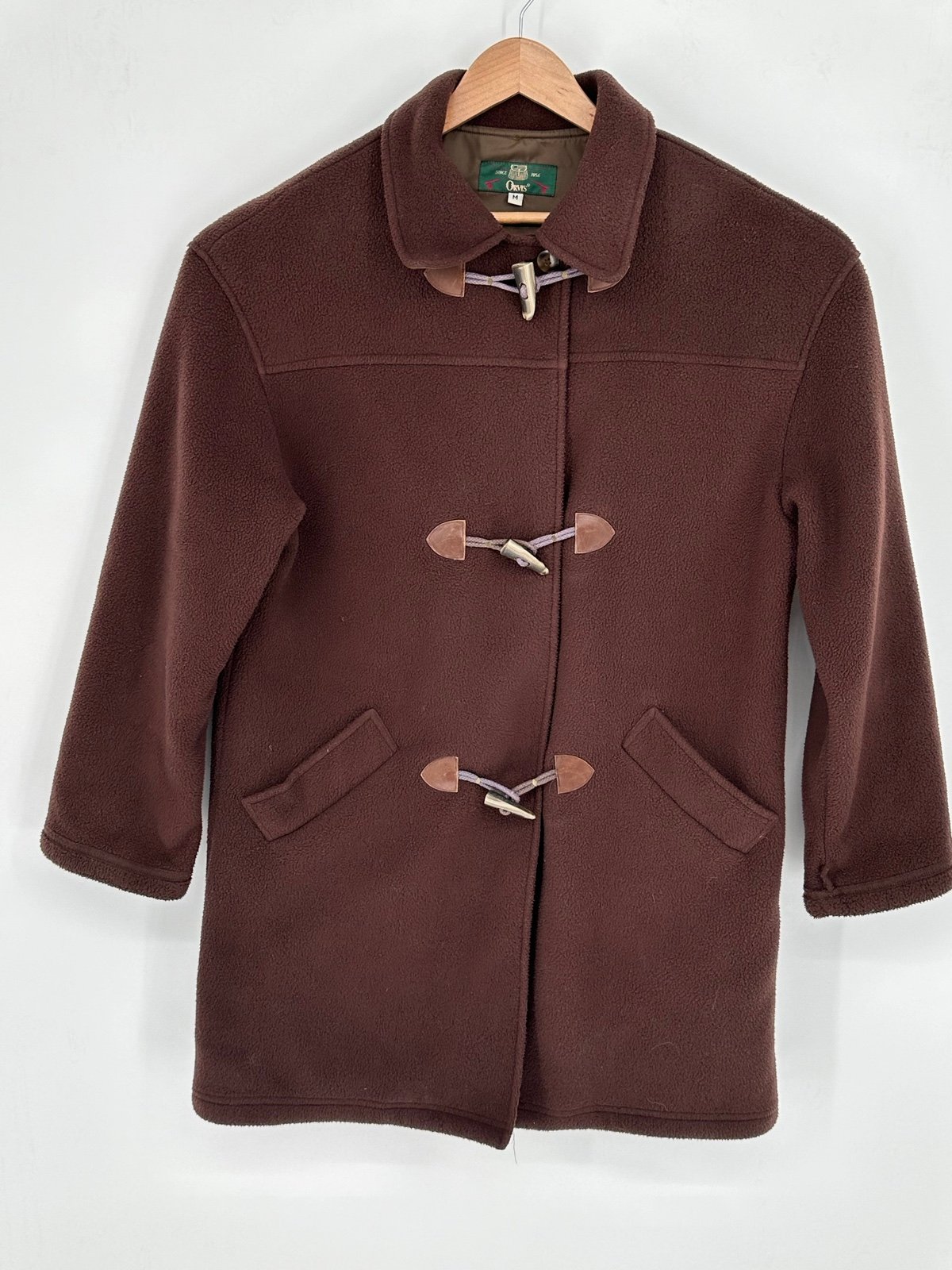 Women's Orvis Brown Sz M Lined Toggle Polartec Fleece Over Coat Long USA I6