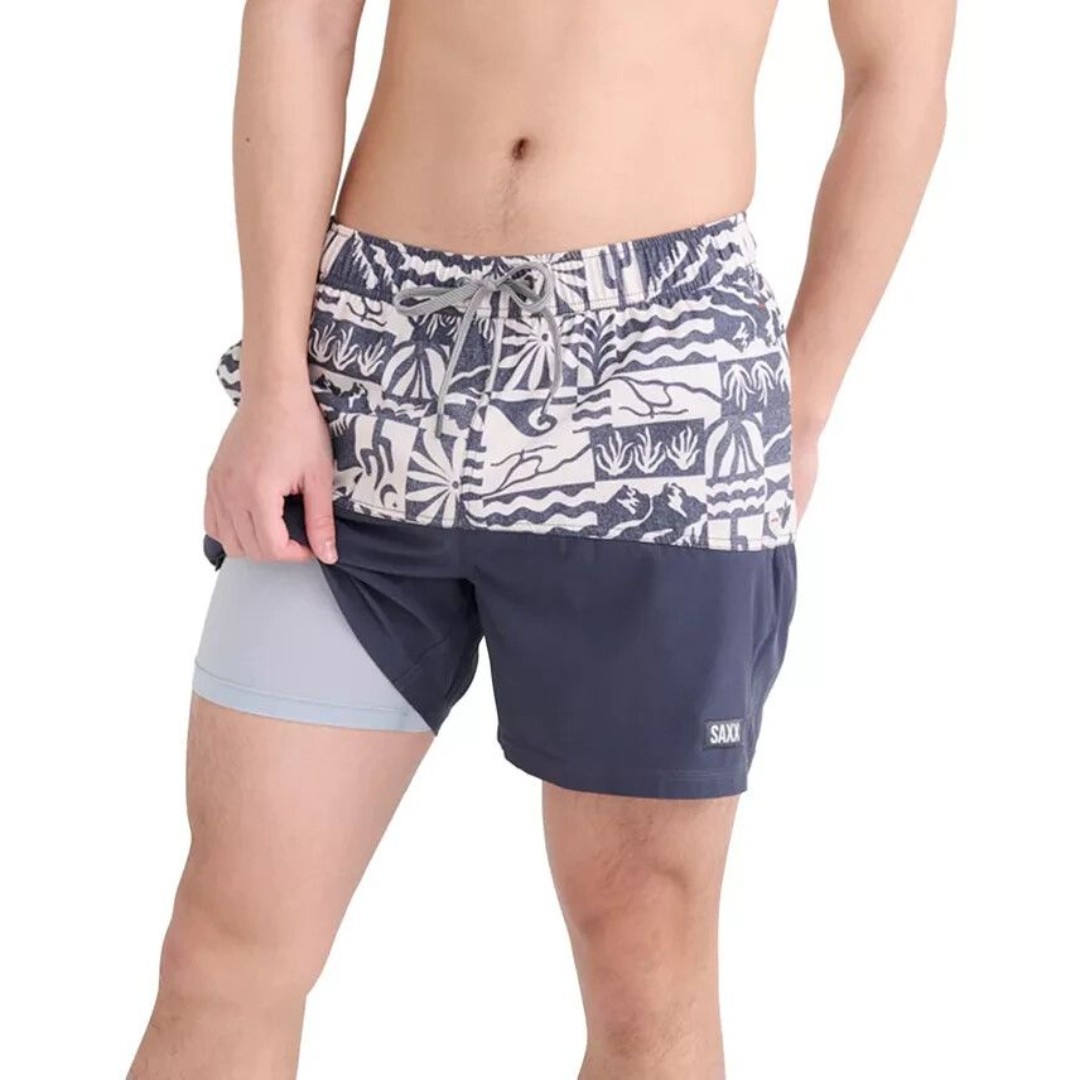 SAXX Men's Oh Buoy 2N1 Half Print Volley 5 Swim Shorts Gray Off White 2XL