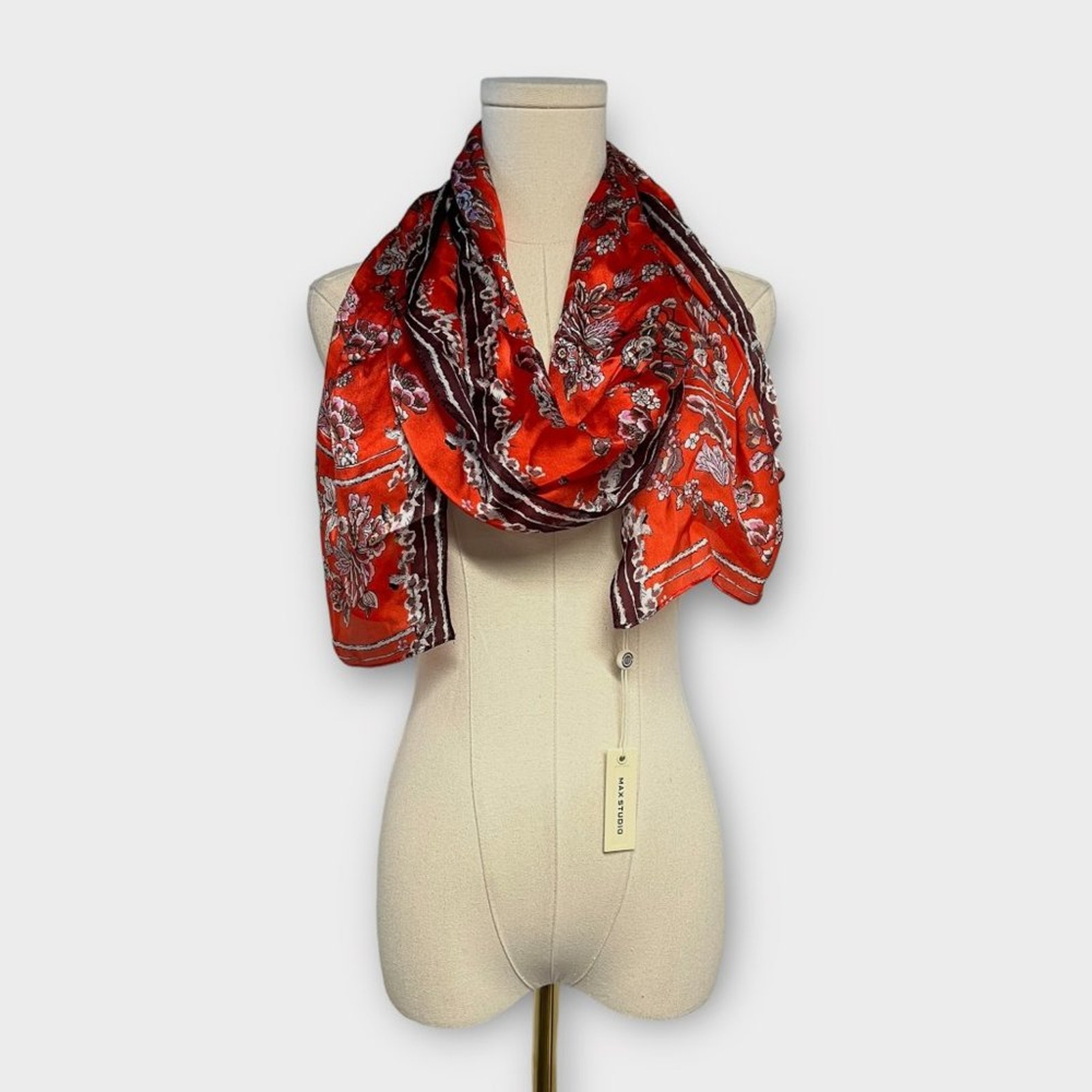 Max Studio Floral Print Red Silk Lightweight Scarf NEW