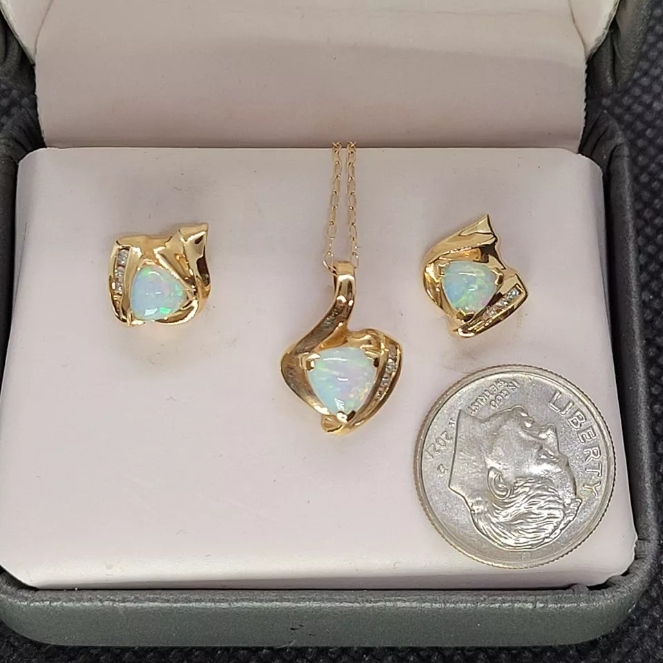 SET Dainty 14k Fire Opal and Diamond Necklace and Earring Set marked T&C