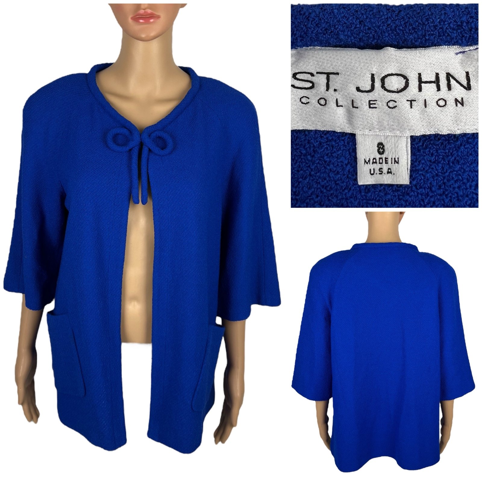 St John Collection Womens 8 Cardigan Blue Made In USA Short Sleeve Knit EUC