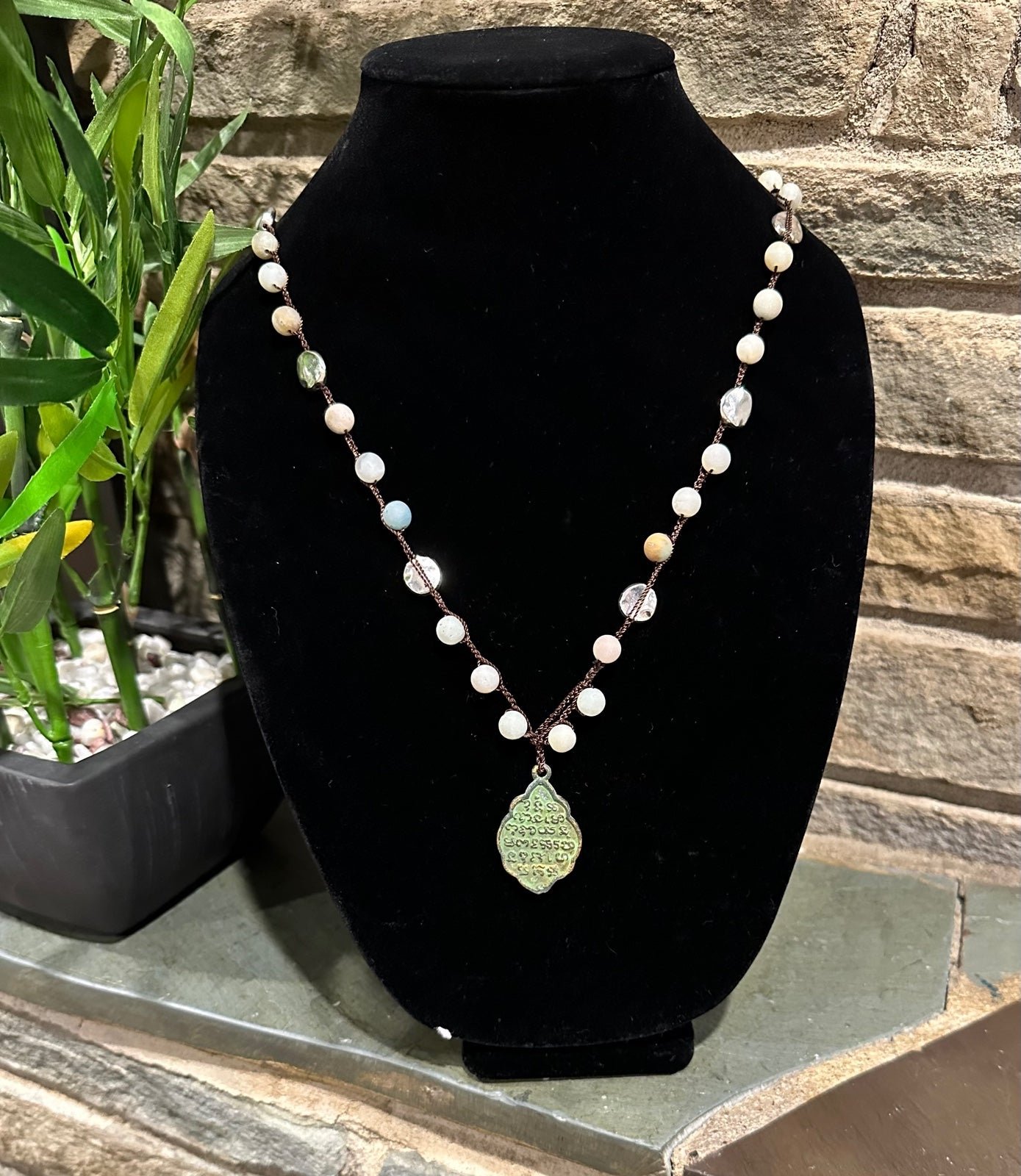 Beaded Necklace, Hammered Sterling Silver, Reversible Buddha Pendant