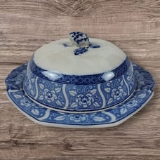Whieldon Ware Corona Blue White Flow Ware Lidded Serving Dish