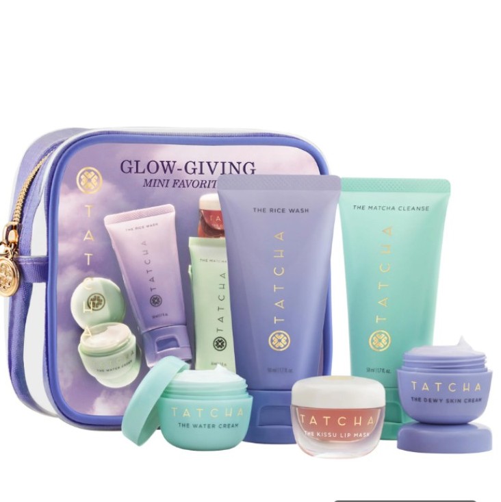 Tatcha mini favorites set includes purple clear travel bag