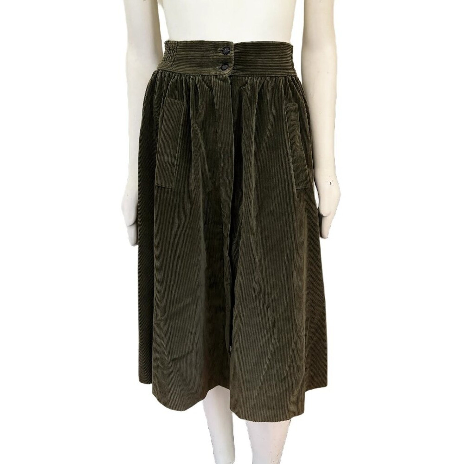 VTG GORDON of PHILADELPHIA Wide Wale Corduroy Midi Skirt in Olive Green WOMENS 4