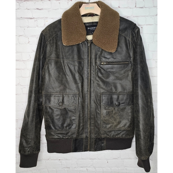 Ramonti New York Vtg Leather Distressed Bomber Moto Jacket fleece collar Sz M