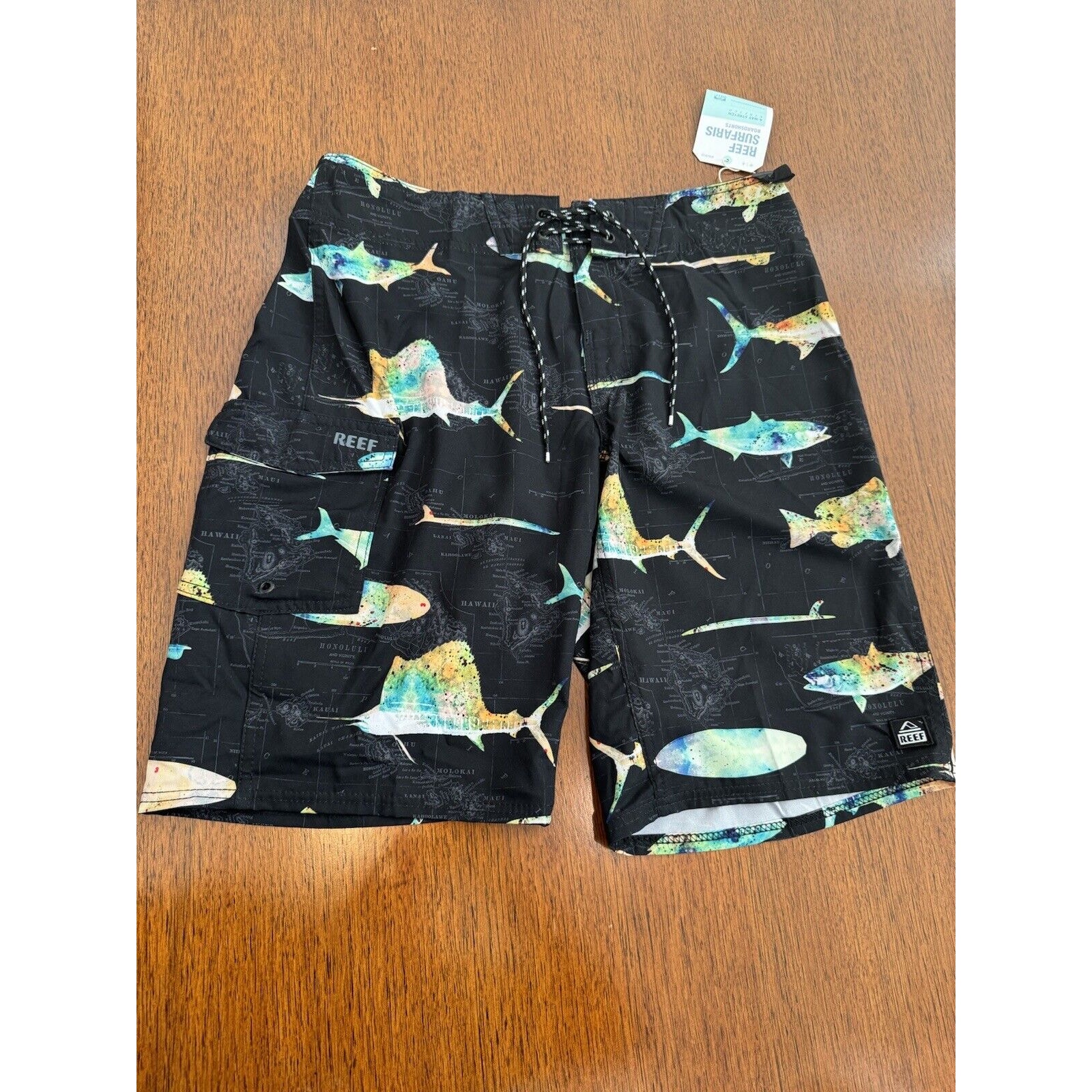 REEF Board Shorts Men's 31 Swim Trunks Pez Del Mar Fish Map Print Black Stretchy
