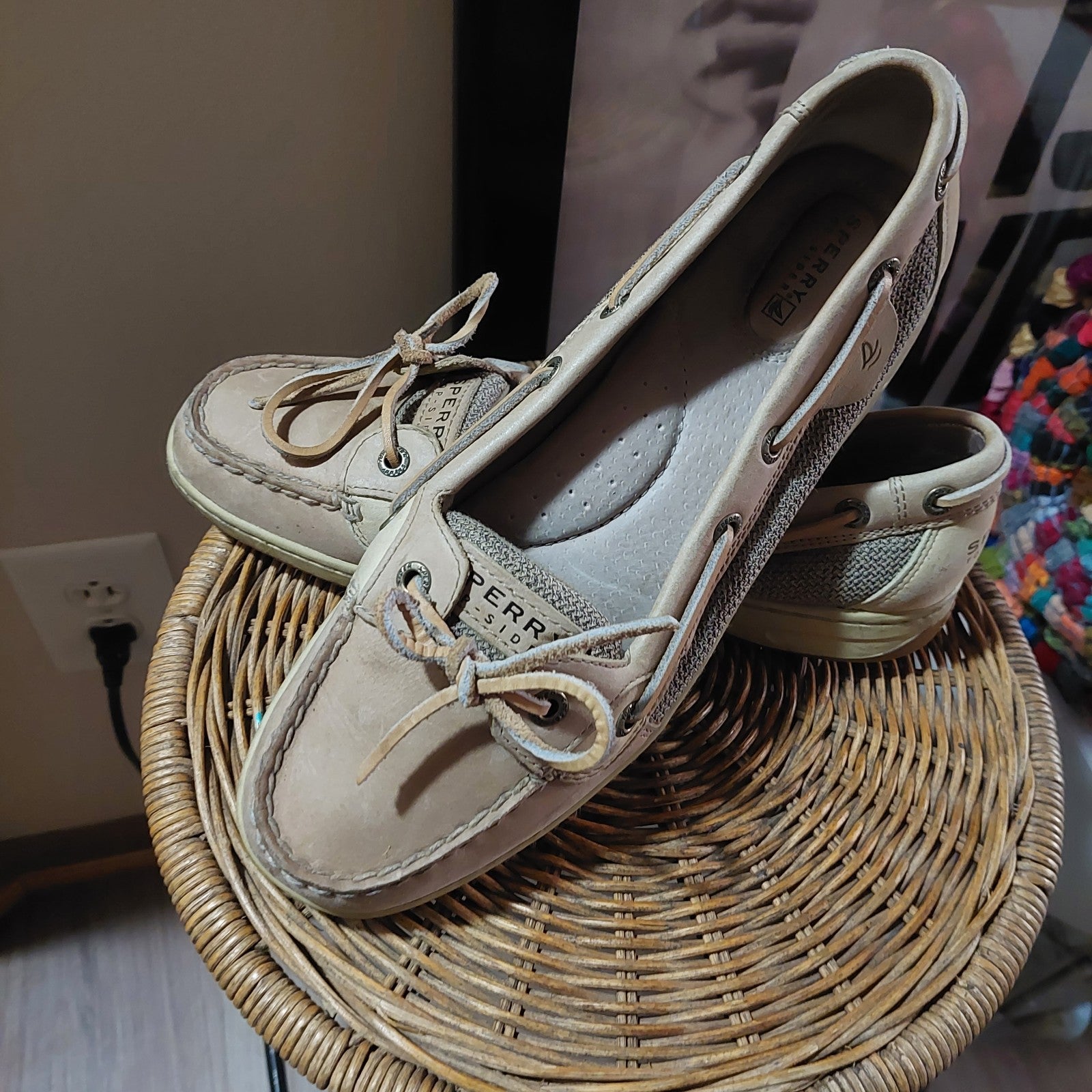 Sperry Boat Shoes Women's Tan Brown Leather Slip On 9.5 Angelfish Linen Oat